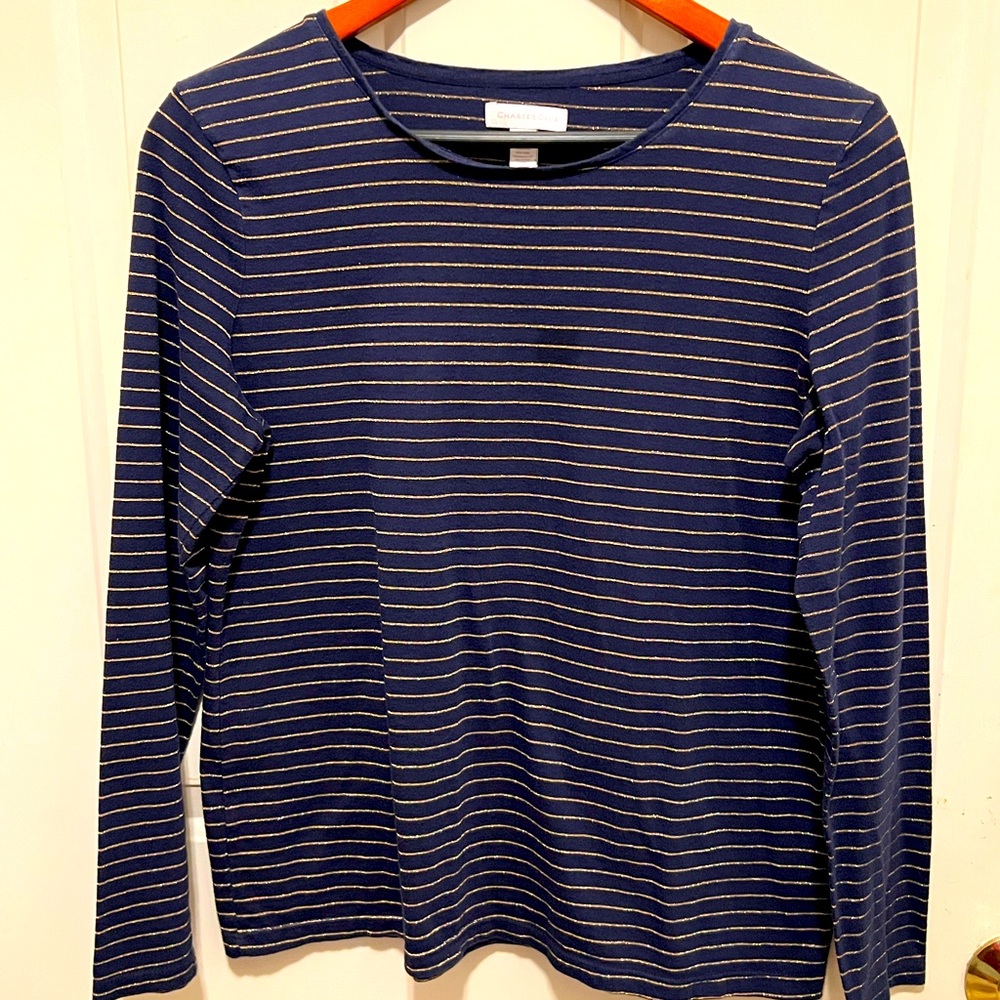Charter Club Navy and Gold (Metallic)  Striped Lg Sleeve Top (Lightweight)